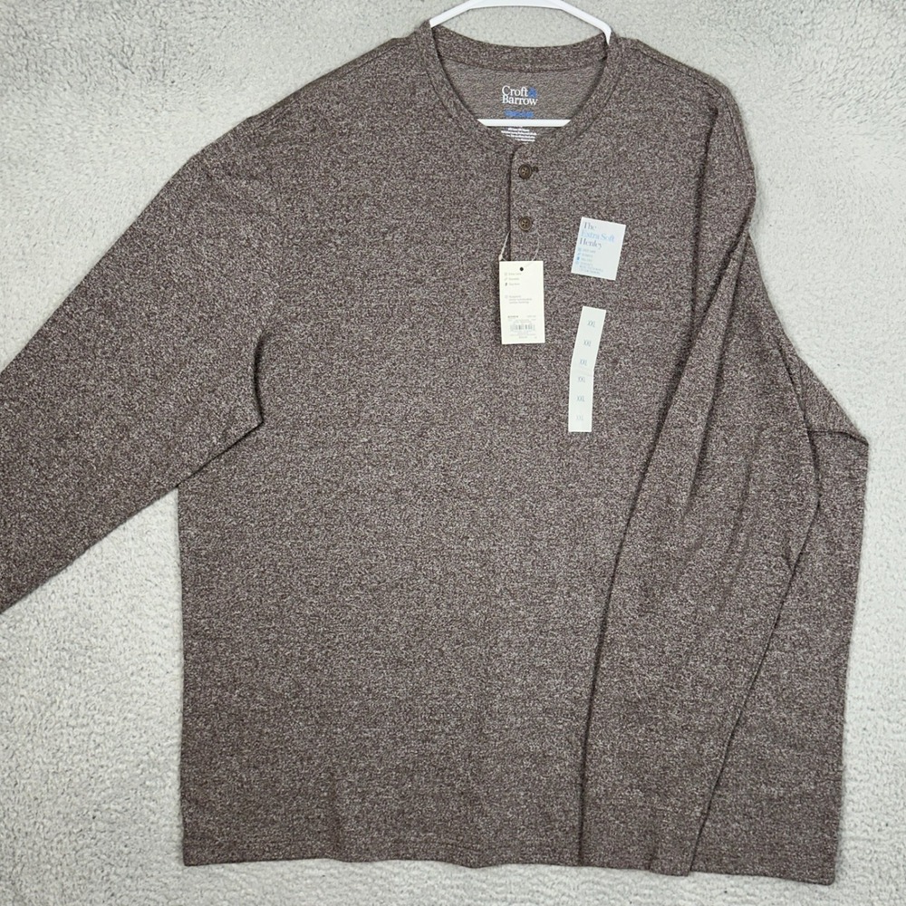 NEW Croft Barrow Shirt Mens 2XL Brown Heathered Extra Soft Henley Long Sleeve